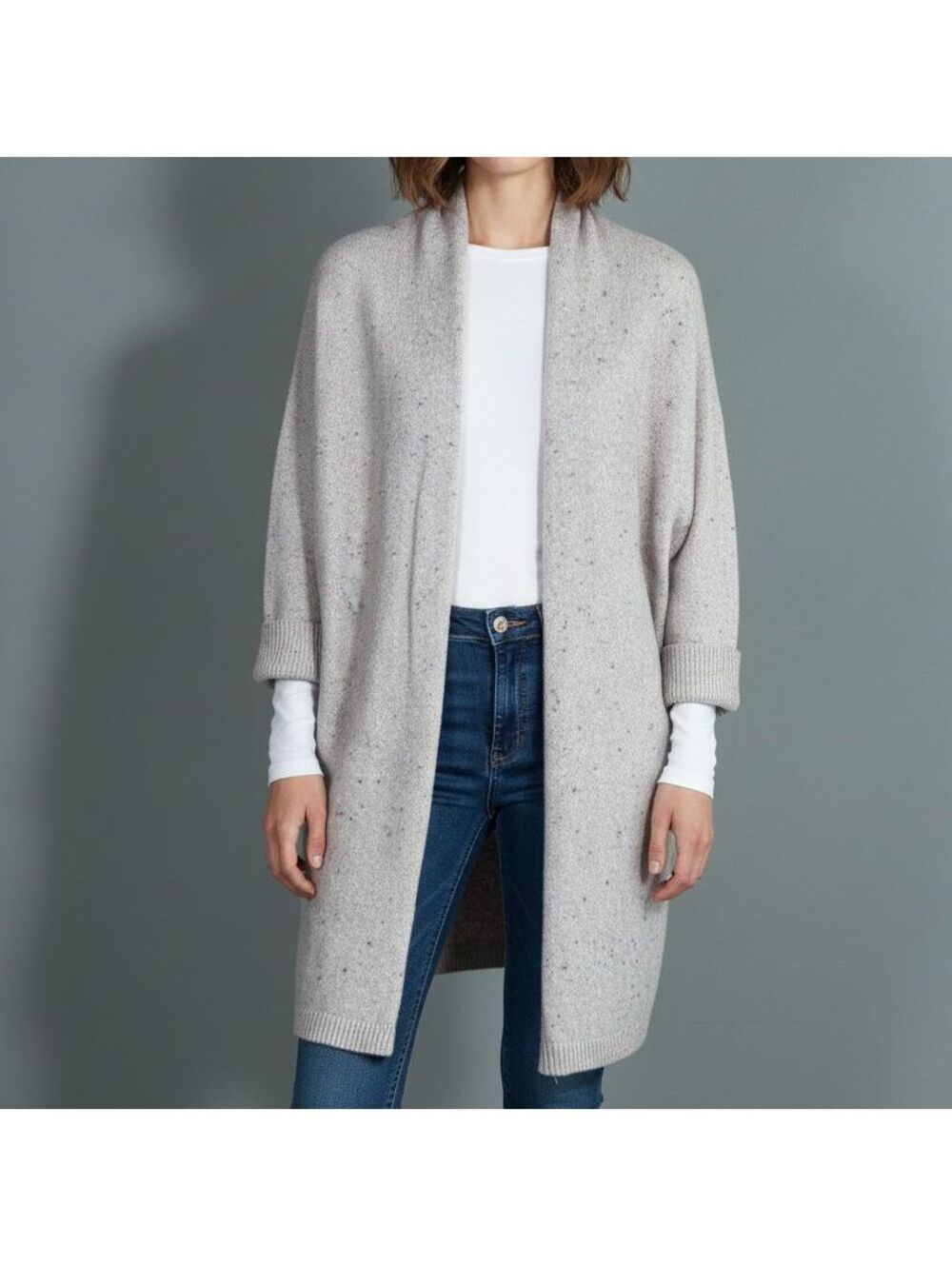 Old Navy Longline Open Front Cardigan Sweater Gray Speckled Knit Medium Cozycore